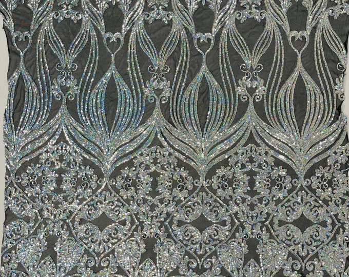 Holographic Silver Sequin Fabric - by the yard - On Black Mesh, Camila Design 4 Way Stretch Sequins Fabric, Lace sequins Prom-Gown