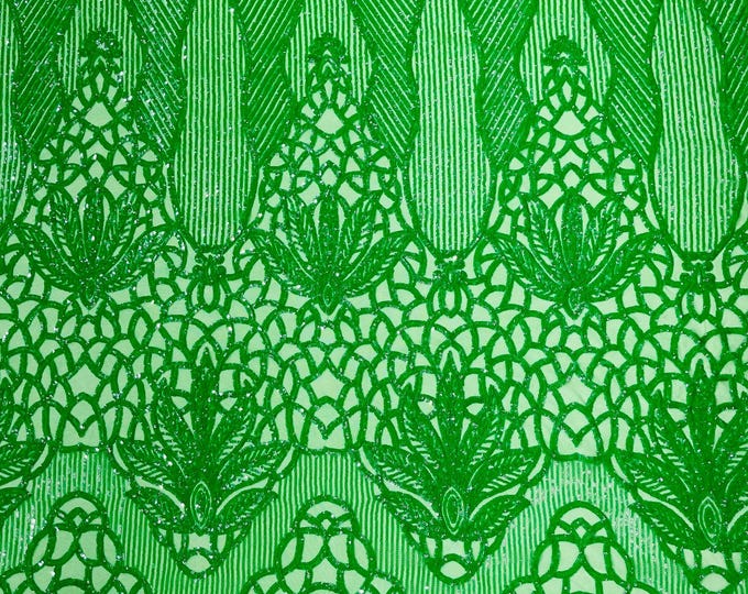 Green Sequin Fabric | Floral Damask Design on a 4 Way Stretch | Sequins Lace | Spandex Fabric For Prom-Gown By The Yard
