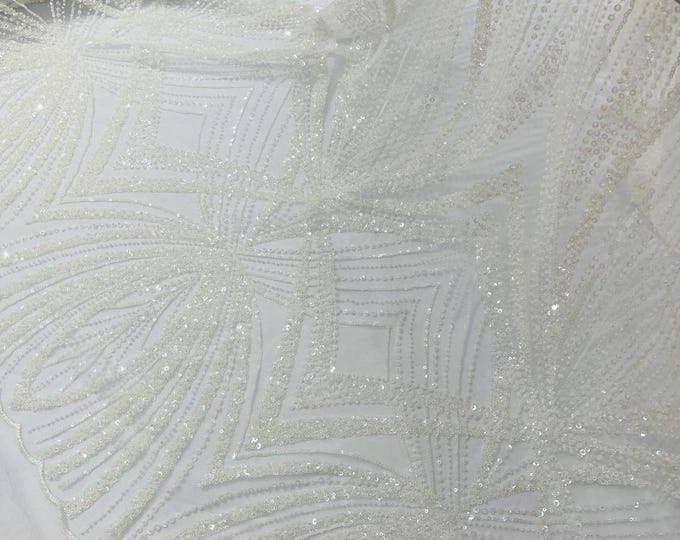 White Beaded Lace Fabric: Embroidered Mesh, Bridal Wedding Dress - Sold By The Yard