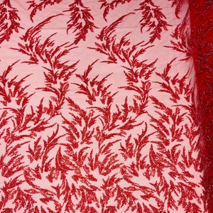 Red Leaf Embroidered Beaded Fabric: Bridal Wedding Gown Material