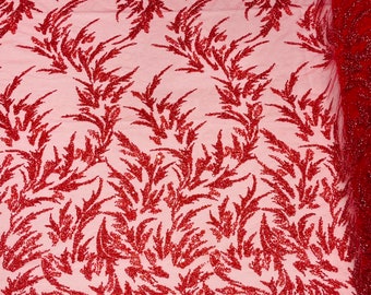 Red Leaf Embroidered Beaded Fabric: Bridal Wedding Gown Material