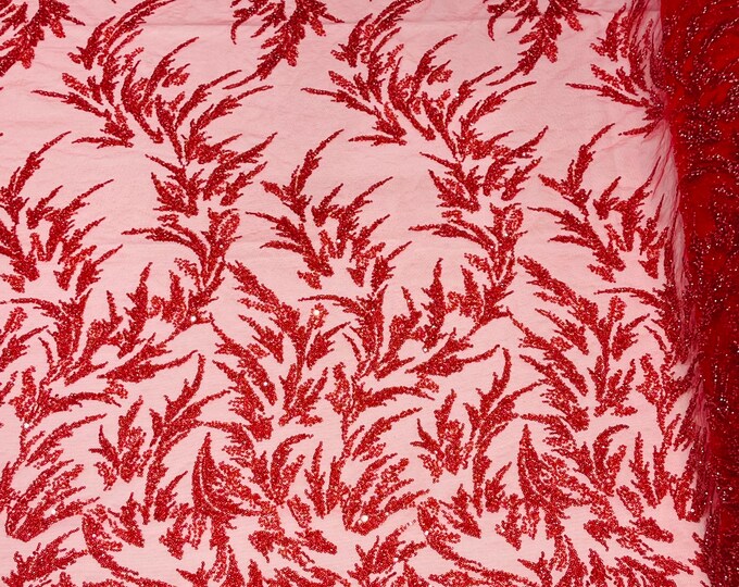 Red Leaf Pattern Beaded Fabric by the yard (Pick a size ) Embroidered Floral Beaded Wedding Bridal Fabric