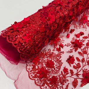 Burgundy 3D Flower Glitter Sequin Fabric by the Yard, 3D Floral Glitter ...