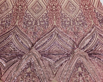 Dusty Rose Geometric Sequins Fabric: 4-Way Stretch Triangular Mesh, Sold By The Yard