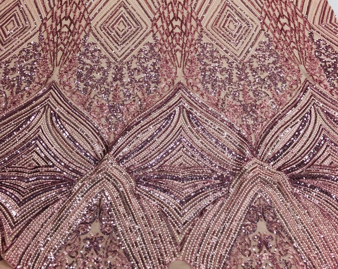 Dusty Rose 4 Way Stretch Geometric Sequins - Nova Design Triangular Fabric for Prom Gala Gown Sold By The Yard