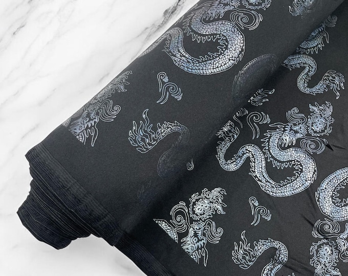 Black Iridescent Dragon Printed Spandex Fabric By The Yard | Dragon Design Nylon Spandex Fabric 4 Way Stretch 60”