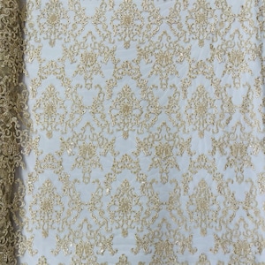 Beige Floral Damask Beaded Fabric - Embroidered Beaded Wedding Bridal Fabric Sold By The Yard