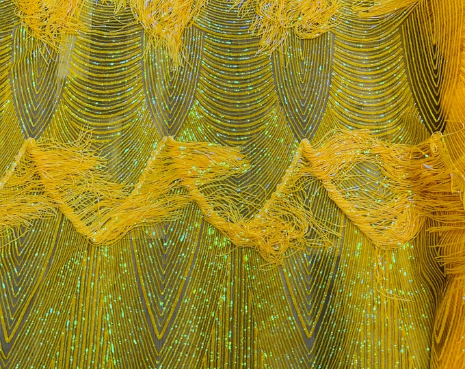 Yellow Iridescent Fringe Sequins on a Mesh, Yellow Fringe Design Embroidered on 2 Way Stretch Fancy Sequin ( Choose The Size )