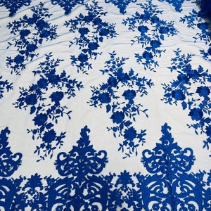 Royal Blue Bridal Lace - by the yard - Damask Design Embroidered on Mesh Lace Fabric, Floral Wedding Dress (Pick a Size)