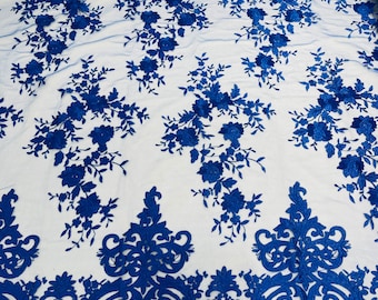 Royal Blue Damask Lace Fabric: Embroidered Floral Mesh, Scalloped Edge - Wedding Dress By The Yard