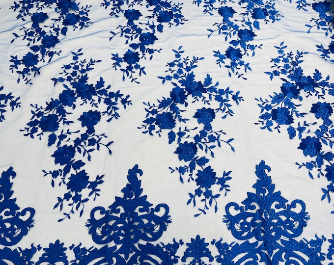 Royal Blue Bridal Lace - by the yard - Damask Design Embroidered on Mesh Lace Fabric, Floral Wedding Dress (Pick a Size)