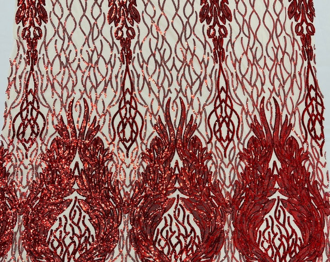 Red Sequin Fabric on Nude Mesh - Damask Design 4 Way Stretch Iridescent Sequins Fabric (Pick a Size) by the yard