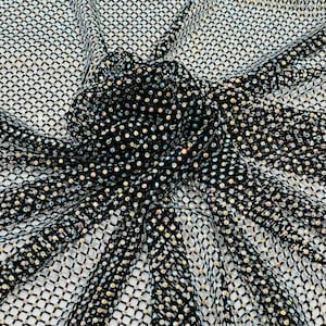 Iridescent Rhinestones Fabric On Black Stretch Net Fabric, Spandex Fish Net with Crystal Stones sold by the yard
