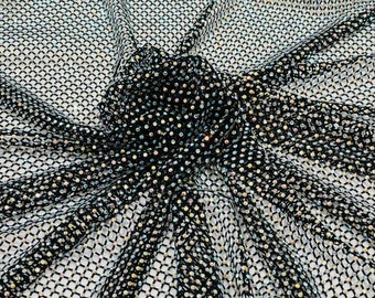 Iridescent Rhinestones Fabric On Black Stretch Net Fabric, Spandex Fish Net with Crystal Stones sold by the yard