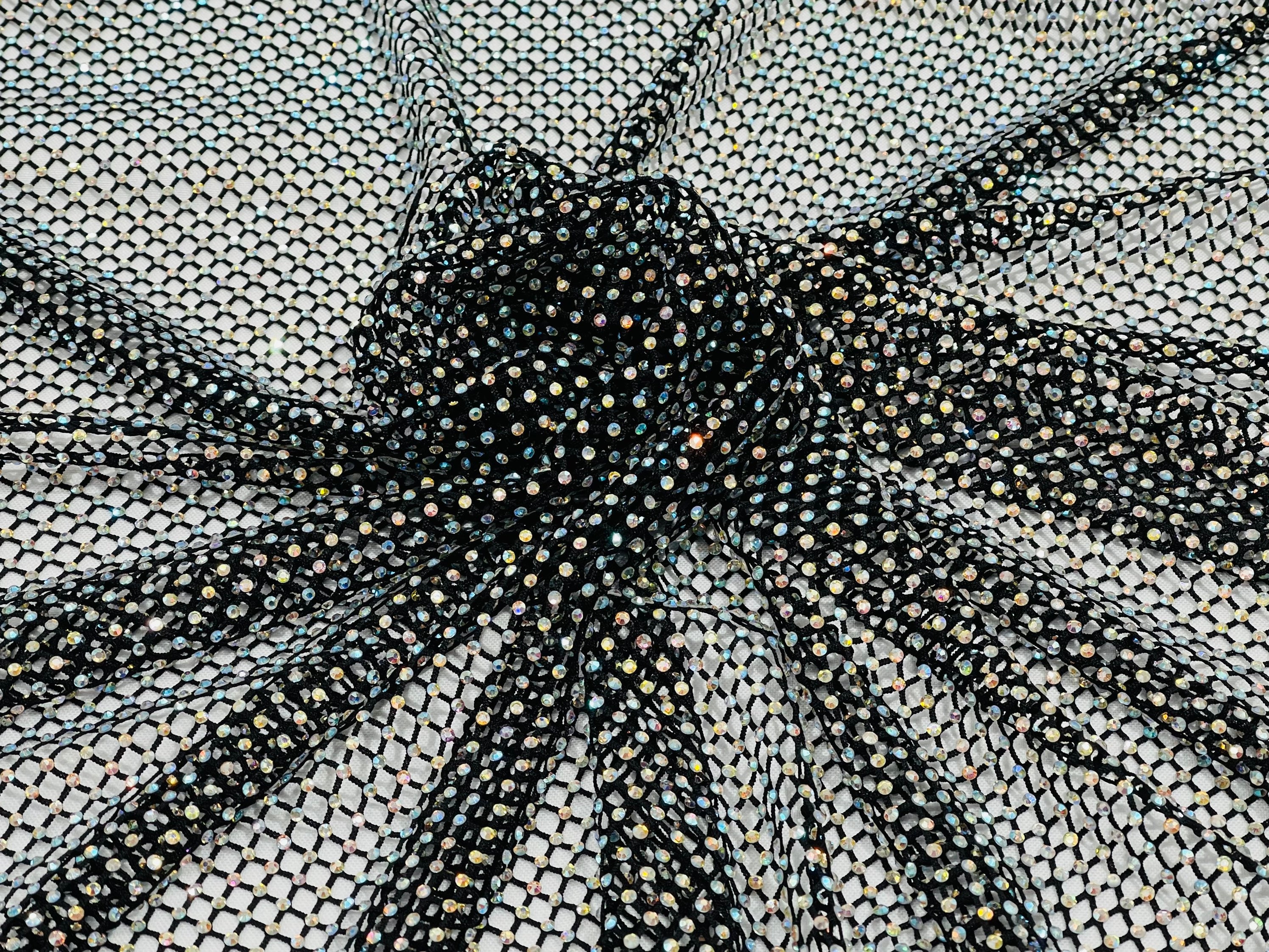 Rhinestone Mesh, Stretchable black Fabric Crystal Diamond Stretch