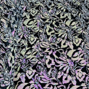 Iridescent Pink-Silver Sequins Flip Two Tone, Floral Design on Black Stretch Velvet By The Yard