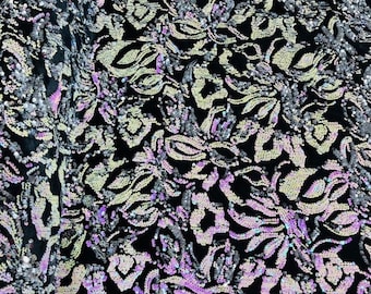 Iridescent Pink-Silver Sequins Flip Two Tone, Floral Design on Black Stretch Velvet By The Yard