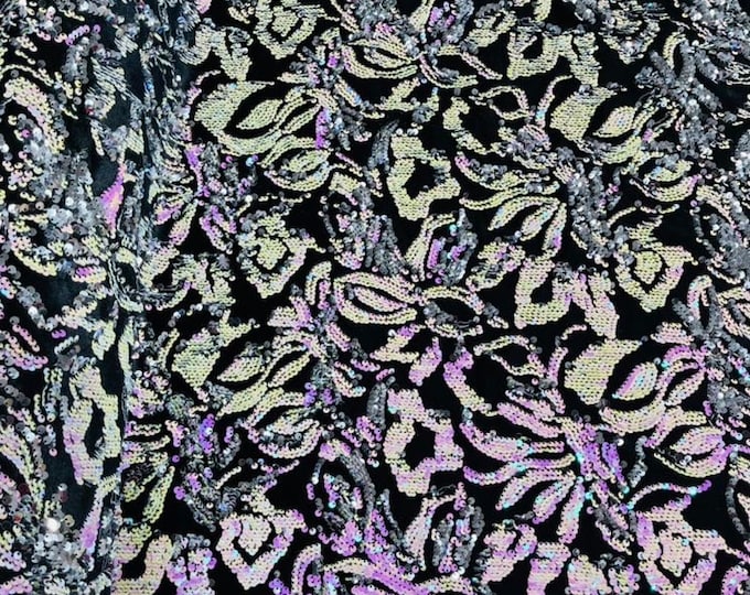 Iridescent Pink-Silver Sequins Flip Two Tone, Floral Design on Black Stretch Velvet By The Yard