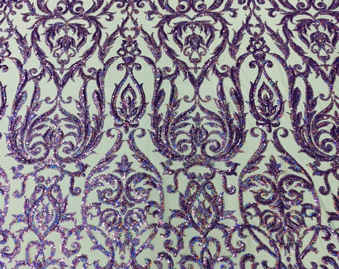 Lilac Holographic Sequin Fancy Damask Zoe Design on a 4 Way Stretch Mesh Fabric for Prom Gala Gown