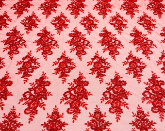 Red Floral Lace Fabric - by yard - Embroidery With Sequins on a Mesh Corded Lace Fabric, For Gown - Wedding - Bridal