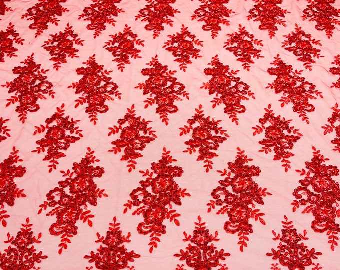 Red Floral Lace Fabric - by yard - Embroidery With Sequins on a Mesh Corded Lace Fabric, For Gown - Wedding - Bridal