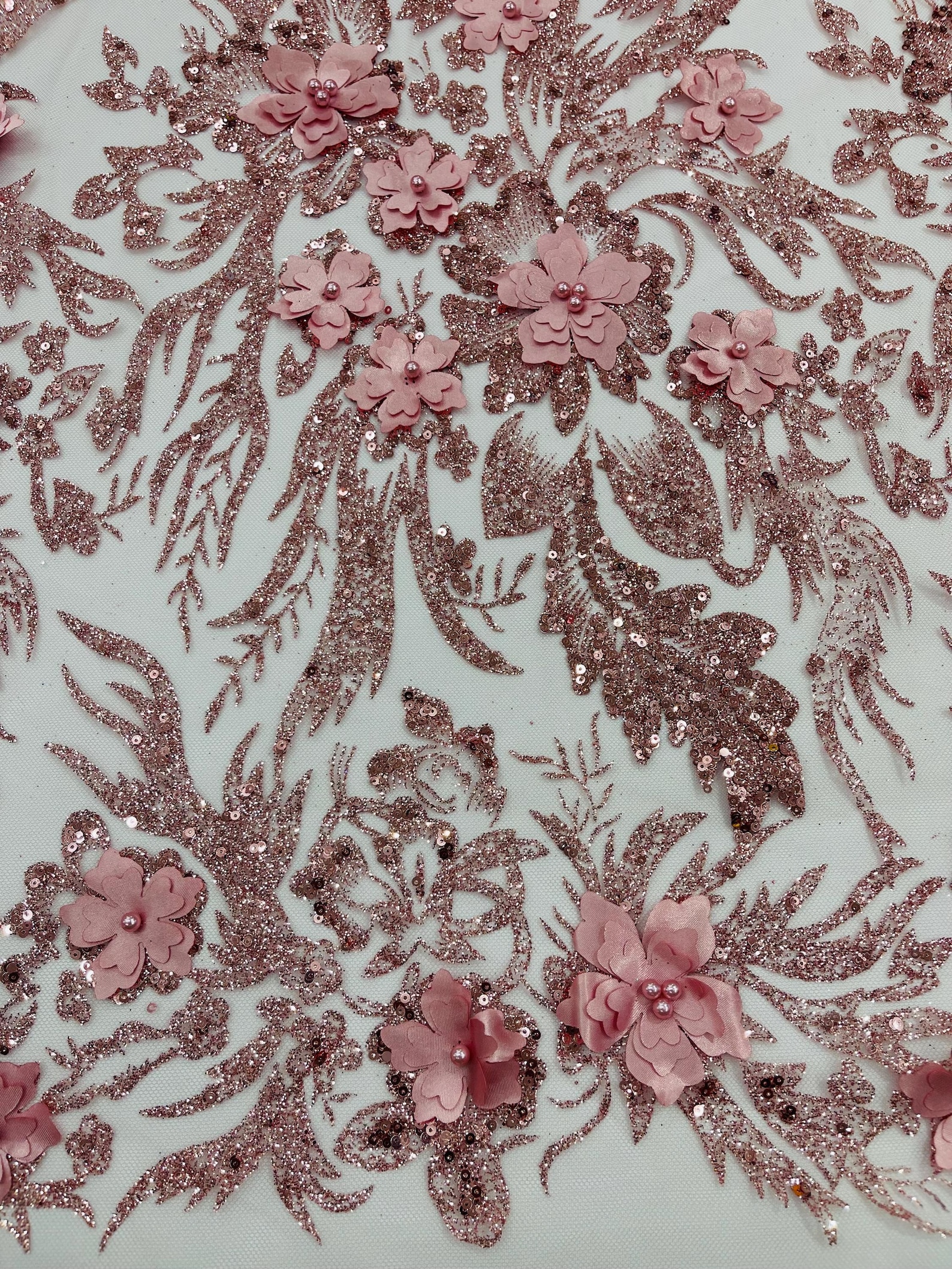 Dusty Rose Glitter Floral Mesh, Glitter 3D Flower Sequin Fabric ...