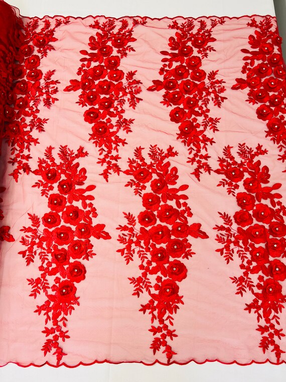 Red Floral Embroidery Black Mesh Fabric by the Yard - OneYard