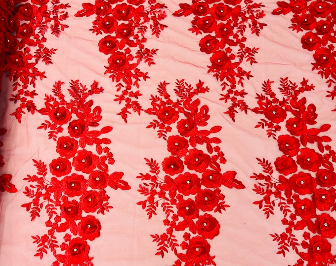 Red 3D Floral Lace Fabric by the yard, Flower Design Embroider With Rhinestones On a Mesh Lace-Prom-Dresses-Nightgown-Apparel-Fashion
