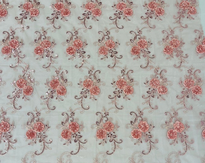 Rose Floral Lace Fabric - By The Yard - Embroidery Flower With Sequins on a Mesh Lace Fabric For Gown, Wedding-Bridal