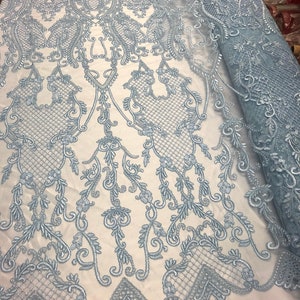 Baby Blue Damask Design Embroidered on Mesh Lace Fabric, Floral Bridal Lace Wedding Dress by the Yard (Pick a Size)