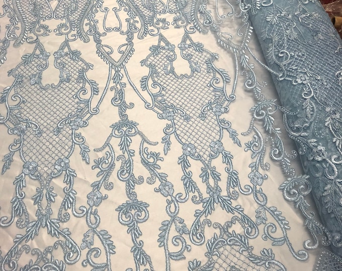 Baby Blue Damask Design Embroidered on Mesh Lace Fabric, Floral Bridal Lace Wedding Dress by the Yard (Pick a Size)