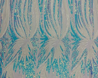 Aqua Iridescent Sequined Mesh Fabric, Angel Wings Embroidery