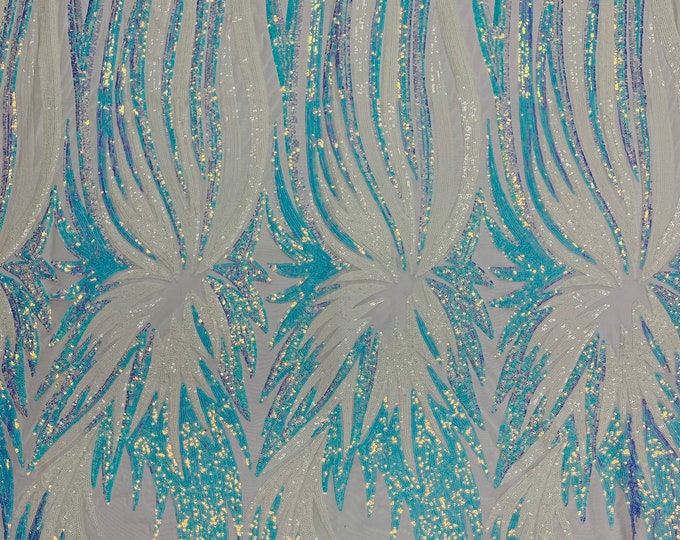 Iridescent Aqua / White Sequins on White Mesh, Angel Wings Design Embroidered on a Mesh 4way Stretch Sequin-Prom-Gown By The Yard