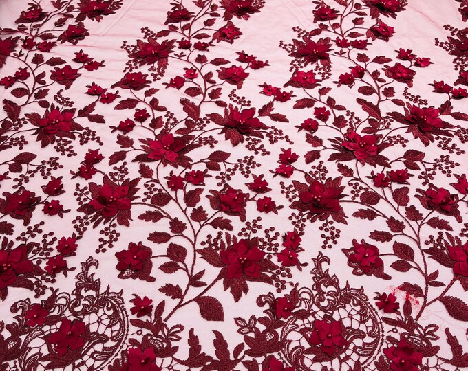 Burgundy 3D Floral Design - by the yard - Embroider Flower With Pearls On a Mesh Lace-Prom-Dresses-Nightgown-Apparel