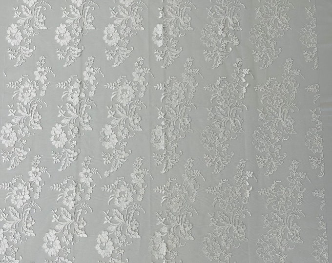 White Flower Design Embroidered on Mesh Lace Fabric, Floral Bridal Lace Wedding Dress by the Yard (Pick a Size)