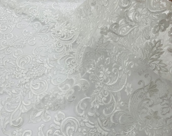 White Damask Embroidered Lace Fabric, Floral Bridal Wedding Dress Lace