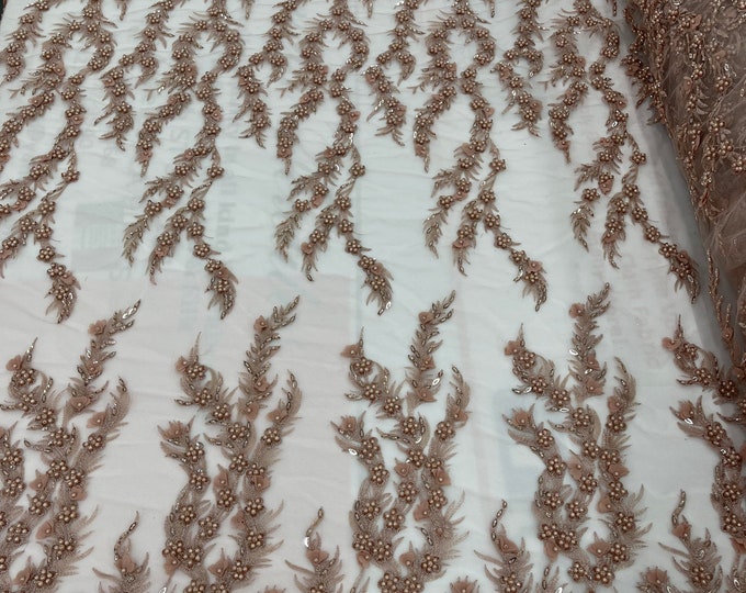 Rose Gold Beaded Fabric - Embroidered Flower Beaded Fabric Wedding Bridal Sold By Yard