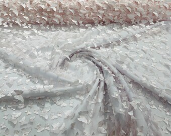 3D Butterfly Lace Fabric: White Blush Embroidered Tulle, Bridal Wedding Dress By The Yard