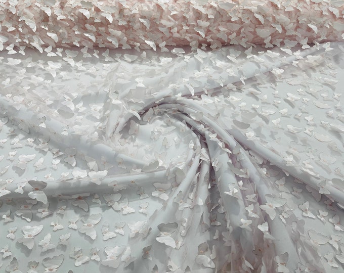 White/Blush 3D Butterfly Lace Fabric Embroidered on Tulle Mesh Lace Fabric, Floral Bridal Lace Wedding Dress by the Yard (Pick a Size)