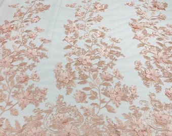 Blush 3D Floral Design - by the yard - Embroider Flower With Pearls On a Mesh Lace-Prom-Dresses-Nightgown-Apparel