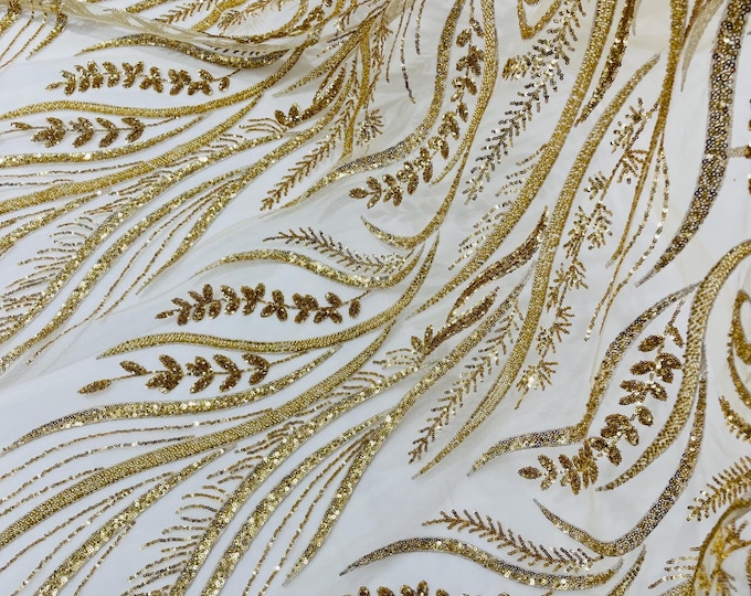 Gold Beaded Lace Fabric: Embroidered Floral Mesh, Bridal Gown Material
