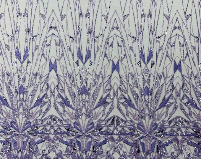 Lavender Beaded Fabric By The Yard, Luxury Geometric Design Beads and Sequins, Beaded Fabric Embroidered on a Mesh Lace,Wedding,Bridal,Dress