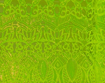 Lime Green Iridescent Sequins Fabric by the yard - Royalty Design on a Mesh 4way Stretch Sequin-Prom-Gown