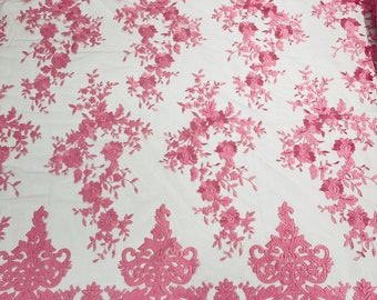 Pink Damask Lace Fabric: Embroidered Floral Mesh, Scalloped Edge - Bridal Wedding Dress By The Yard