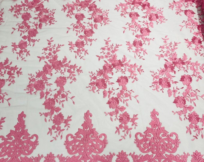 Pink Bridal Lace - by the yard - Damask Design Embroidered on Mesh Lace Fabric, Floral Wedding Dress (Pick a Size)