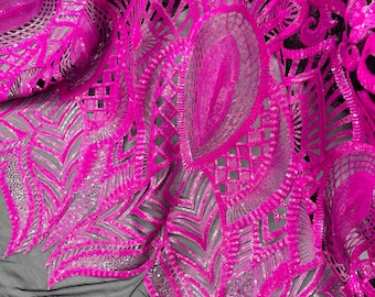 Hot Pink Holographic Sequin Fabric: Royalty Design Black Mesh, 4-Way Stretch - By The Yard