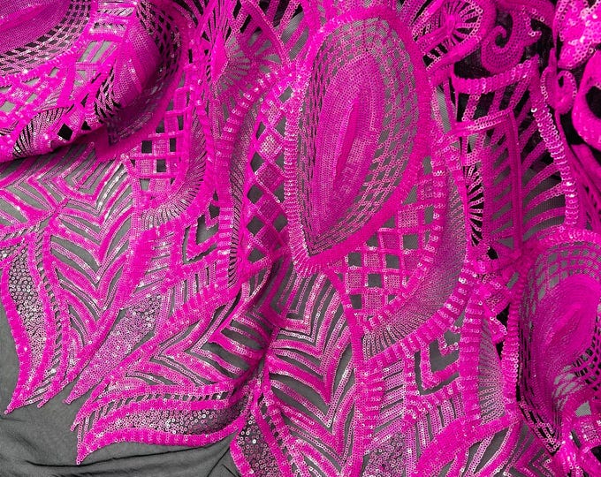Hot Pink Holographic Sequins on Mesh Black Mesh, Royalty Design on a Mesh 4way Stretch Sequin-Prom-Gown By The Yard