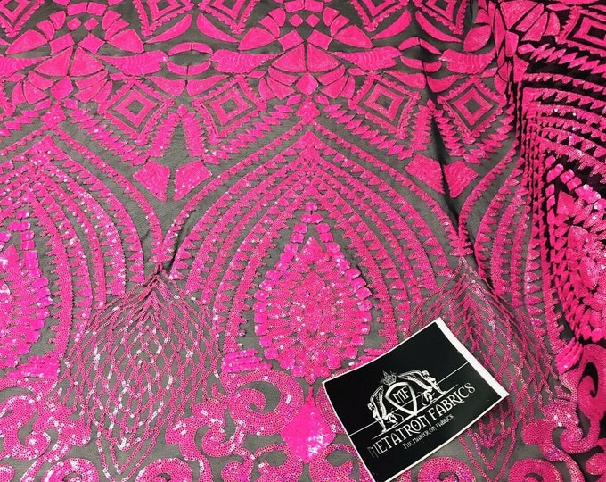Neon Pink Iridescent/Black - 4 Way Stretch Geometric Sequins Bella Design on Mesh Fabric for Prom Gala Gown Sold By The Yard