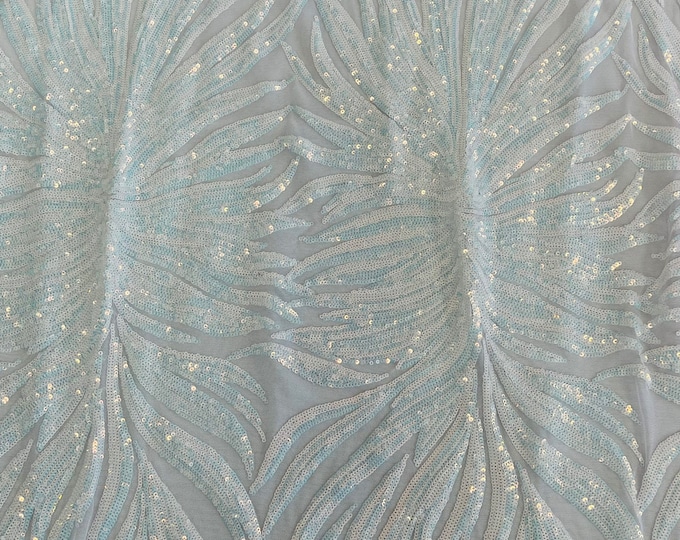 Iridescent White Sequin - 4 Way Stretch Phoenix Wing Sequin Spandex Mesh Fabric for Prom Gala Gown Sold By Yard