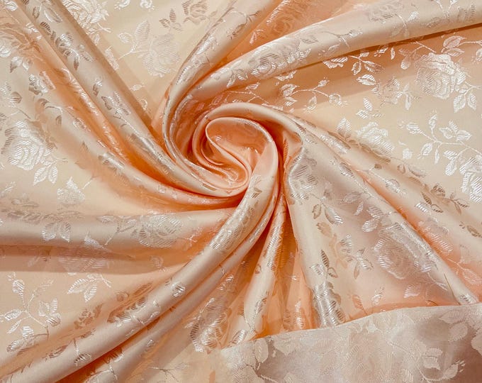 Peach Floral Brocade Jacquard Satin Fabric: 58/60" Wide Polyester